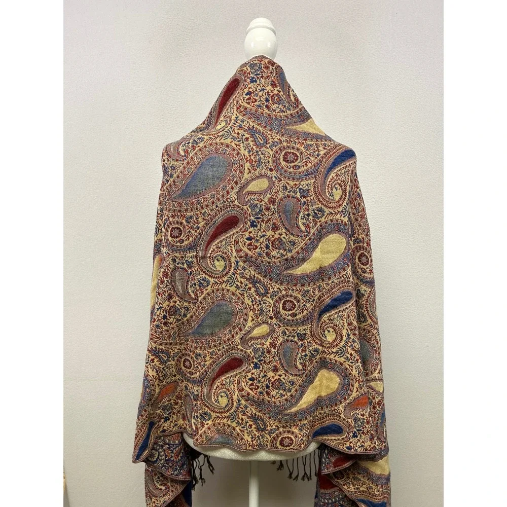 Boho Artistic Layering Womens OS Blue Red Paisley Pashmina Wrap Scarf